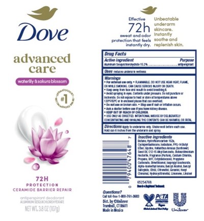 Label (Dove Advanced Care Waterlily And Sakura Blossom 72h Protection Antiperspirant Deodorant   Label)